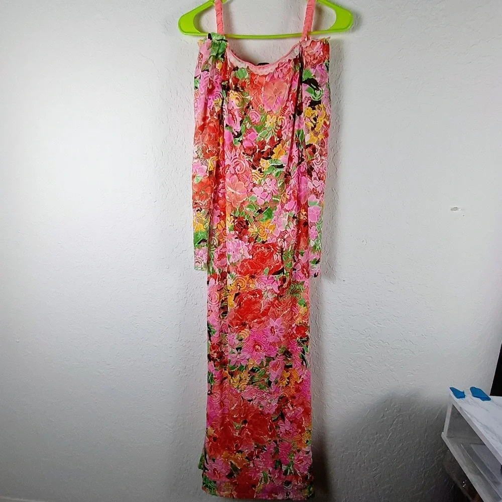 Marina Floral Lace Overlay Maxi Dress XS Pink Red Stretch Lined Made USA - Picture 4 of 13